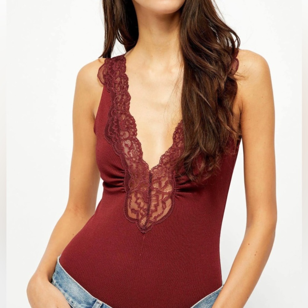NWOT: Free People XL Wine Bodysuit with Lace Inset